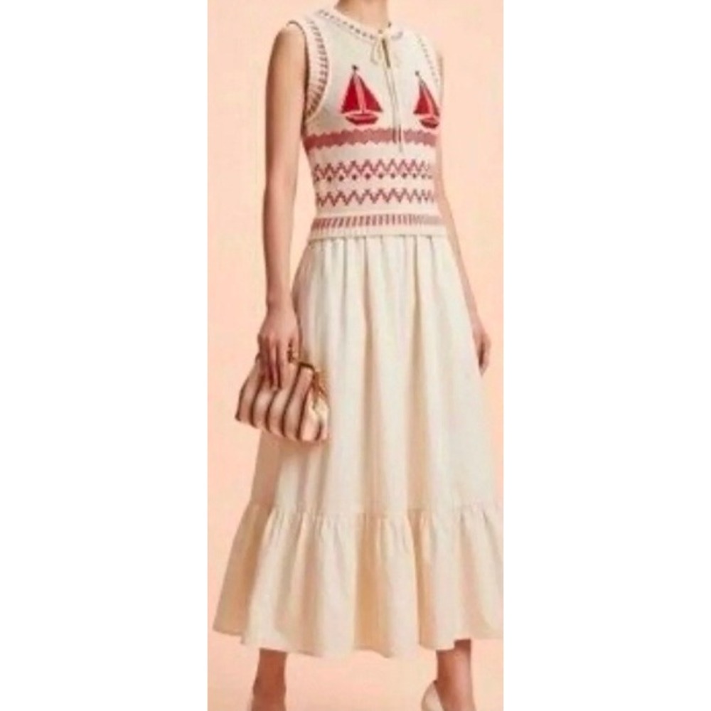 Moon River Nautical Sailboat Knit Bodice Tiered Mix Media Maxi Coastal Beach M
